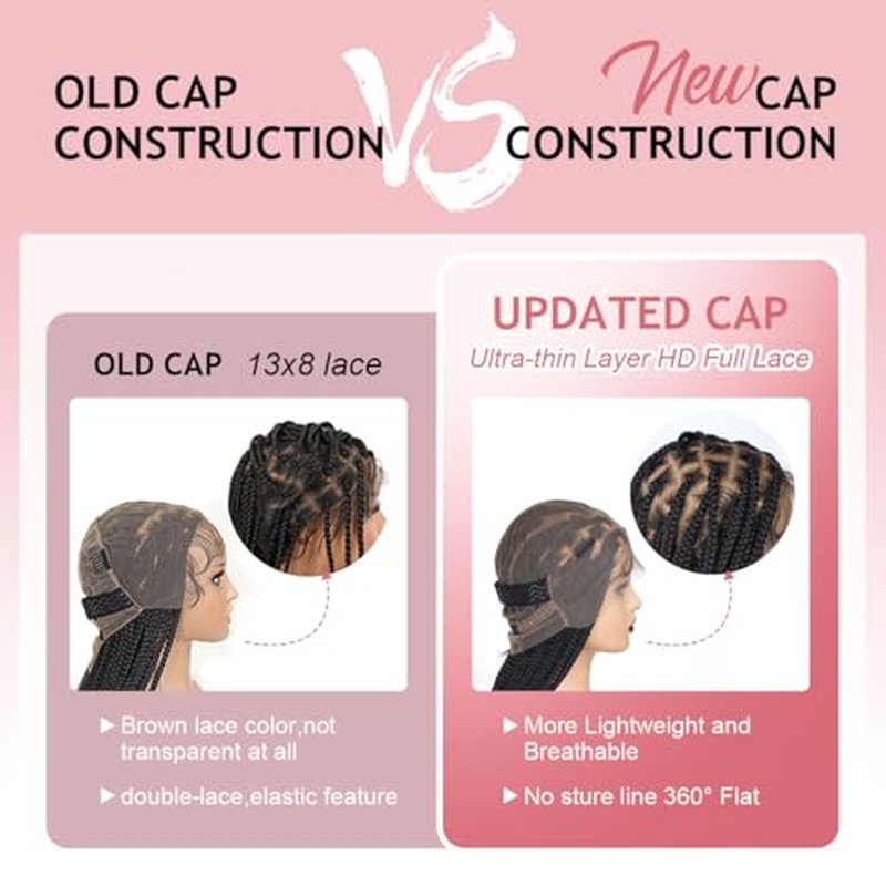 36 Inch Full Lace Boho Braided Wigs for Black Women, 360¡Æ HD Single-layer Square Knotless Box Braid Wig with Baby Hair Handmade Synthetic Hair Blended Lace Front Wig Natural Black
