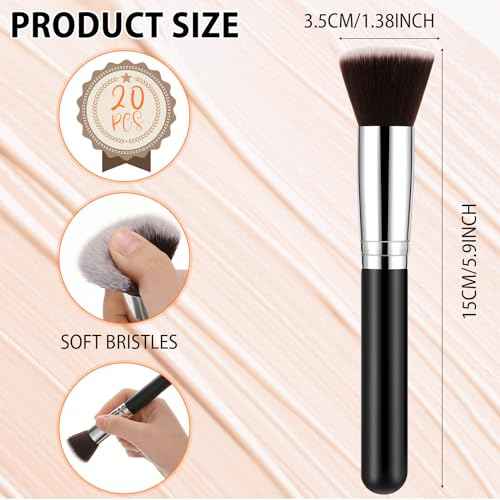 Baderke 20 Pcs Flat Top Foundation Brush Kabuki Cosmetics Synthetic Dense Face Blush Makeup Brush for Liquid, Cream, Powder, Blending, Buffing, Stippling Face Makeup Tools