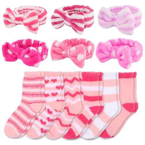 WHAVEL Sleepover Party Supplies for Girls - Pink Party Favors Include 6 Spa Headbands, 6 Fuzzy Socks Slippers for Spa Birthday, Bachelorette, Slumber, Pajama Party
