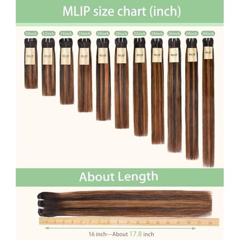 mlip Raw Bundles Human Hair Straight, No Tangle Shedding, Keep Texture Silky Soft After Multiple Washes, 15A Raw Indian Hair Bundles 20 Inches, Brown Highlight Bundles