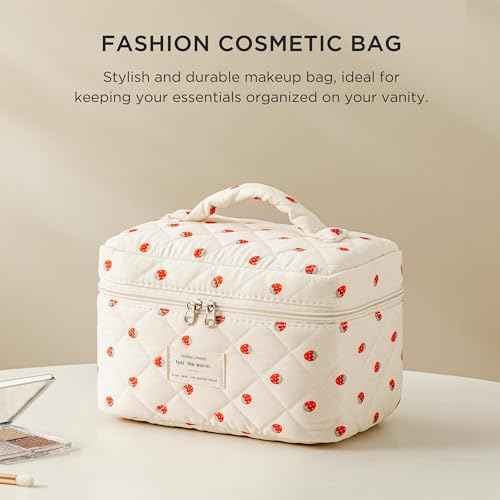 HBselect Quilted Makeup Bag, Portable Cotton Large Travel Makeup Bag, Cute Coquette Strawberries Floral Cosmetic Bags Toiletry Bags for Women Teen Girls Mom