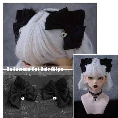 2 Pcs Halloween Gothic Hair Clips Black Lolita Bow Plush Cat Ear Hairpins Hair Barrettes for Women Girls Hair Accessories Cosplay Halloween Party Tea Party