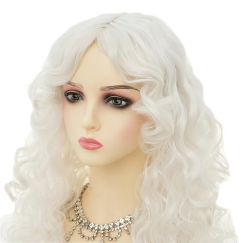 White Long Curly Wigs for Women With bangs Synthetic Queen Princess Middle Part Hair Wig for Cosplay Halloween
