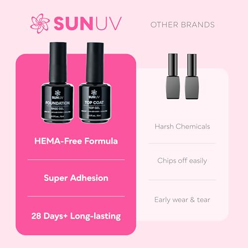 SUNUV 15ml Gel Top Coat and Base Coat Set, Gel Nail Polish Kit 2 Pack, Art Manicure UV Nail Lamp No Wipe High Gloss Gifts for Women