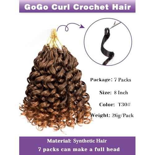 MYQUEEN GoGo Curl Crochet Hair Ombre Brown Curly Braids for Women 8 Inch 7 Packs Short Beach Ocean Deep Twist Synthetic Extensions T30#