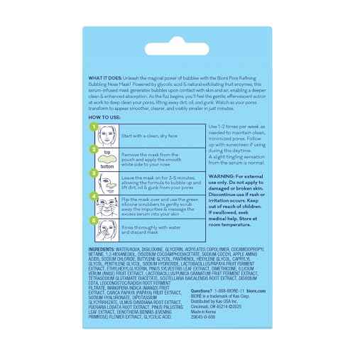 Bioré Pore Refining Bubbling Nose Mask, Glycolic Acid and Hyaluronic Acid Exfoliant for Face, Pore Cleansing Mask, 8 Ct