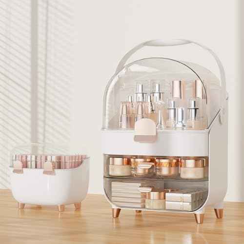 Makeup Organizer for Vanity, Skincare Organizer with Drawers, Storage Box with Handle, Cosmetic Display Cases for Dresser, Bathroom, Countertop, Christmas Gifts for Teen Girls(Rose Gold)
