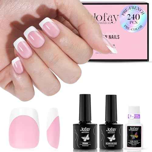 Jofay Fashion French Tip Kit, Press On Nails 240Pcs Spring Pink Square Short, Pre-Base & Pre-made Tips, Acrylic Glue on Nails