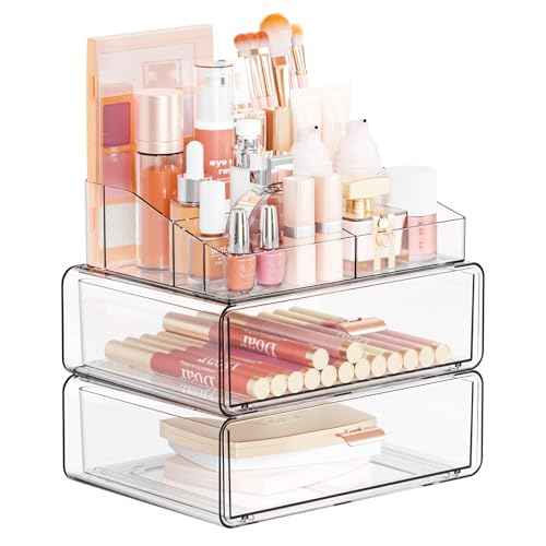 Yieach Clear Acrylic Makeup Organizer Countertop With Drawer,3 Tier Large Skincare Organizer for Vanity,Plastic Bathroom Cosmetic Storage Organizer for Lipstick,Makeup Brush,Palette,Beauty Products