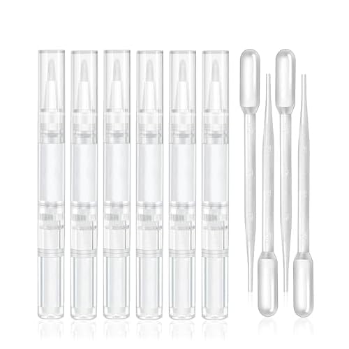 6 Pcs 3ml Empty Cuticle Oil Pen with 4 Pcs Transfer Pipettes - Transparent Nail Oil Twist Pens with Brush Tip for Nail Oil, Eyelash Growth Liquid, Cosmetic Lip Gloss Container Applicators
