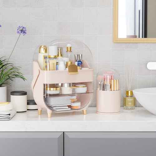 Yieach Countertop Makeup Organizer for Vanity,Large Capacity Skincare Organizers With Drawers and Makeup Brush Holder,Cosmetic Display Cases with Clear Cover for Bathroom,Dresser,Beauty Product,Pink