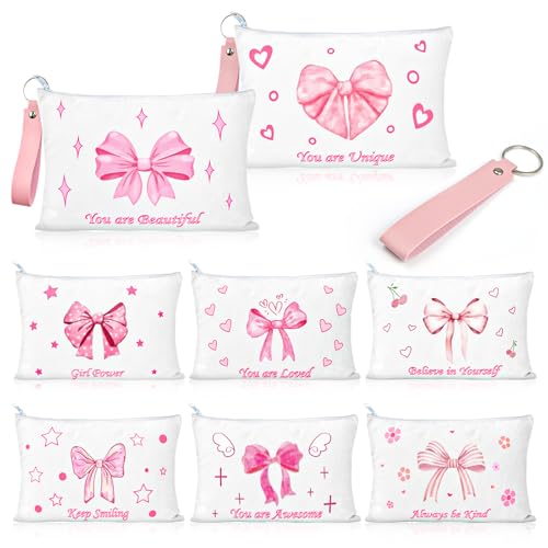 PUNICA 8 Pcs Pink Coquette Bow Makeup Bag Preppy Cosmetic Bags Canvas Zipper Pouch with Handle, Travel Bag Gift for Nurse Women Girls Coquette Party Favors Storage Accessories