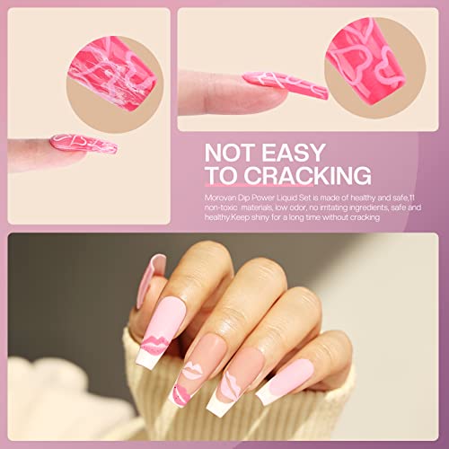 Morovan Dip Powder Liquid Set with Activator Base Top Coat and Dipping Powder Brush Saver 4pcs 0.5oz for Dip Nail Kit