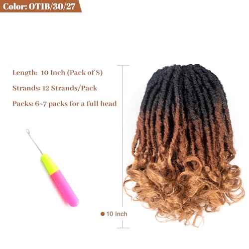 Toyotress French Curl Locs Crochet Hair - 10 Inch 8 Packs Ombre Brown 3 Tones Crochet Faux Locs With Curly Ends, Short Pre-Looped Soft Locs Braiding Hair Extensions (10 Inch, OT30/27-8P)