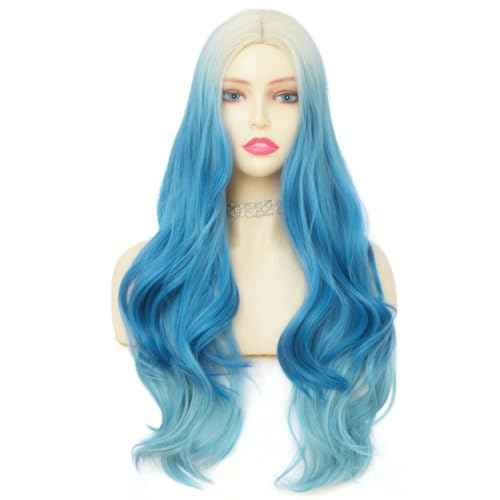 Blonde Blue Long Curly Wigs for Women 26 Inch Wavy Synthetic Middle Part Colourful Hair Wigs for Halloween Cosplay Use