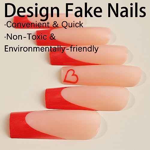 Red French Nails Tips Ballerina False Nails Long Square Press on Nails Full Cover Acrylic Fake Nails for Women and Girls 24PCS