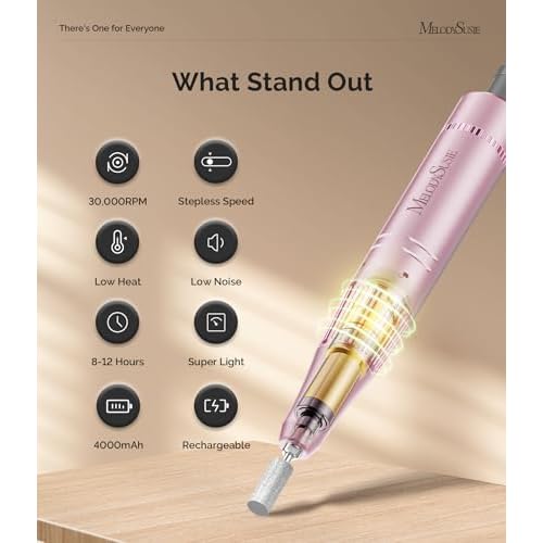 MelodySusie Professional 30000RPM Nail Drill, SC320F Cordless Clip-on Nail File with Drill Bits & Sanding Bands, Rechargeable Electric Efile for Acrylic Nails, Gel Polish Removal at Home Salon