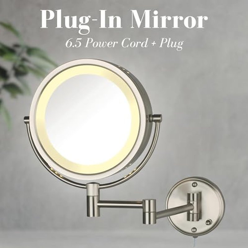 JERDON Wall-Mounted Makeup Mirror with LED Lighting - Lighted Makeup Mirror with 8X Magnification & Nickel Finish Wall Mount - Model HL75N
