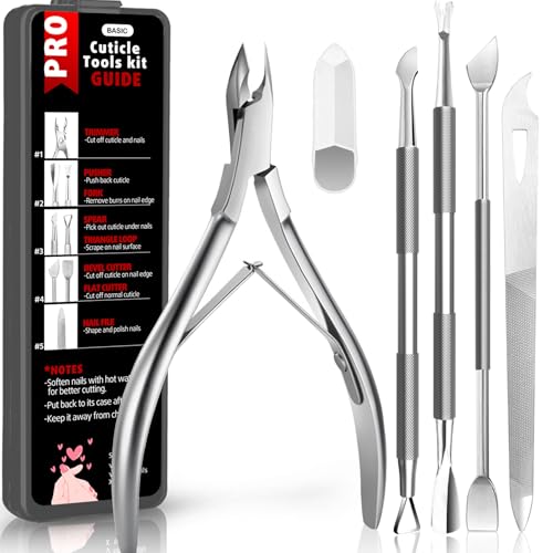 Cbiumpro 5-Pack Cuticle Trimmer Set with Pusher, Cutter, Scraper, Nipper, Clipper, Professional Stainless Steel Cuticle Remover Tools Kit for Fingernails & Toenails - with Case