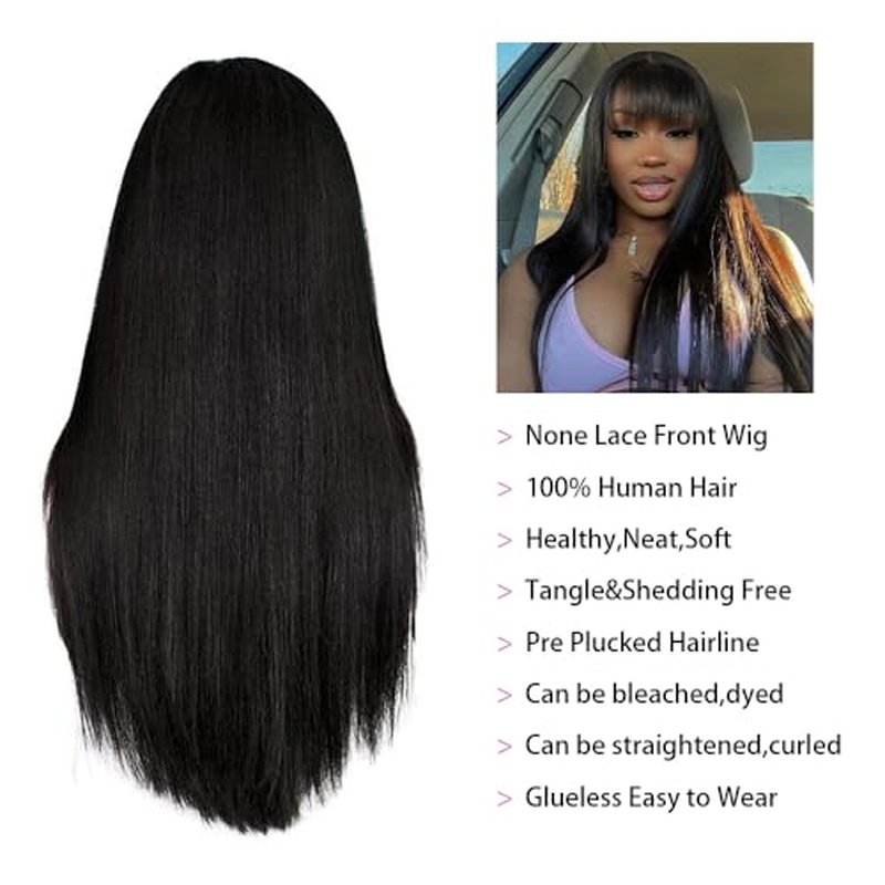 Straight Wigs Human Hair with Bangs 180% Density Brazilian Virgin Human Hair Wigs Glueless Machine Made Wigs for Women None Lace Front Wigs Natural Color 20 Inch