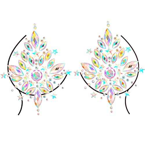 Temporary Tattoo Stickers Jewels Rhinestone Festival Accessories DIY Self Adhesive Crystal Body Jewelry Stickers Makeup Stick Gems Glitter Flower Chest Stickers For Women and Girls 3Pcs
