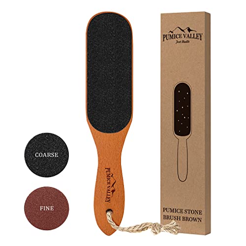 Pumice Stone Foot File - Wooden Pedicure Feet Scrubber with Handle for Callus, Dry, and Dead Skin Removal - Heel Scraper for Feet, Hands, and Body - Foot Filer for Use in Shower