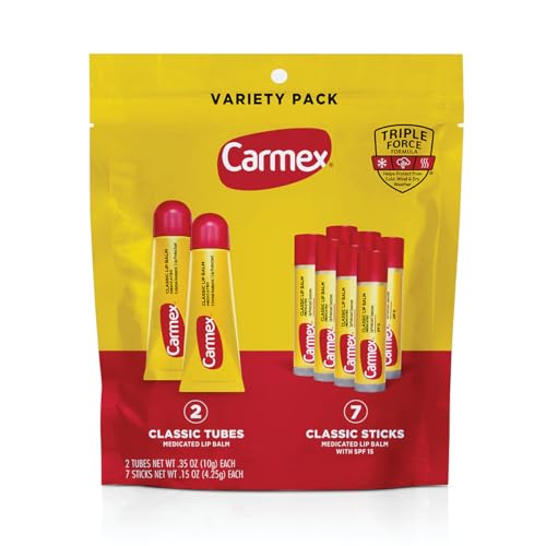 Carmex Classic Medicated Lip Balm Pack, Lip Moisturizer for Chapped Lips, 9-Count Variety Pack Bag (2 Tubes, 7 Sticks)