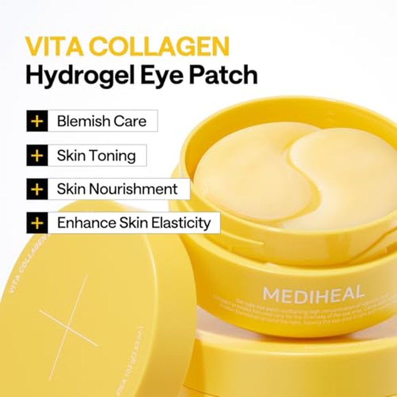 Mediheal Vita Collagen Under Eye Patches for - Korean Hydrogel Eye Pads (60 patches) with 7 Vitamin & 5 Micro Collagen. Moisturizng & Non Irritating Eye Gel Mask. Sealing Cap Included.