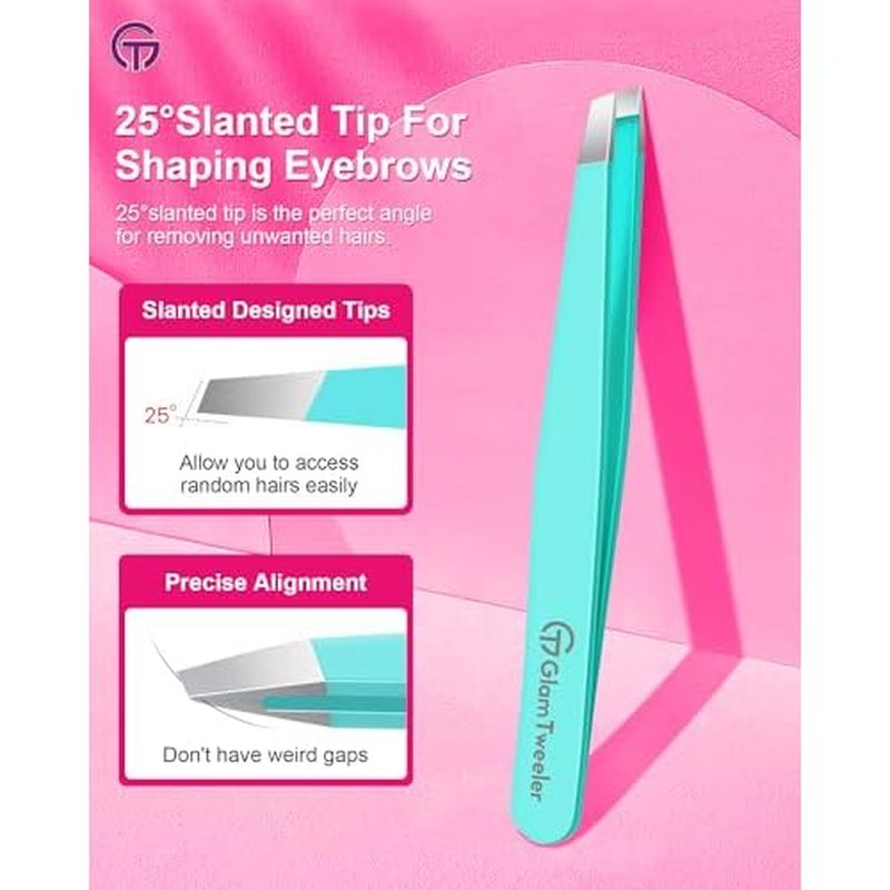 Expert Eyebrow Hair Removal Tweezer with Leather Case, GlamTweeler High Precision Slant Tip Stainless Steel Tweezers for Men and Women (Robin's Egg Blue)