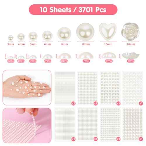 3701PCS Pearl Stickers Pearls for Crafting - Self Adhesive Pearls for Hair Face Makeup Eye Nail Crafts, Stick On Gems (White, Assorted Sizes)