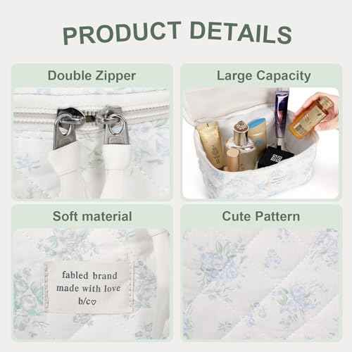 3Pcs Cotton Quilted Makeup Bag Large Travel Cosmetic Bag Coquette Makeup Pouch Cute Aesthetic Floral Toiletry Bag for Women Girls (flower-T)