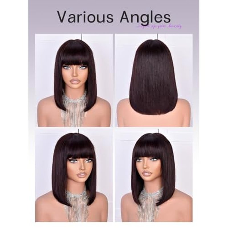 Bob Wig Human Hair 210% Density Bob Wig with Bangs 100% Human Hair Wigs for Black Women Pre-Bleached Glueless Straight Bob Wigs(12Inch)