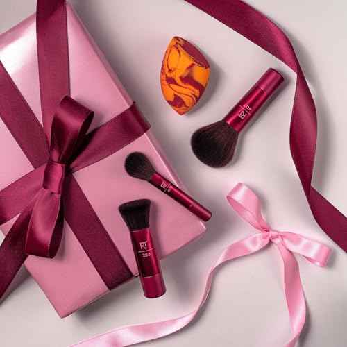 Real Techniques Blend + Jet Set Travel Makeup Brush & Sponge Set, 4 Piece Mini Holiday Gift Set for Foundation, Blush & Setting Powder, Compact & Travel Friendly, Cruelty-Free & Vegan
