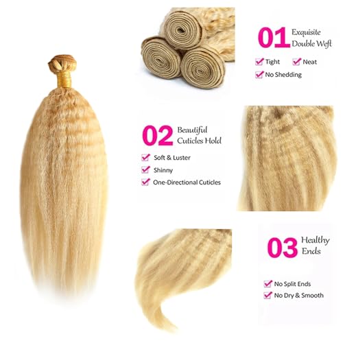 30 30 30 inch P27/613 Human Hair Bundles Blonde Kinky Straight Bundle 613 Yaki Human Hair Bundles 2 Tone #27 Mixed With #613 Yaki Straight Bundle