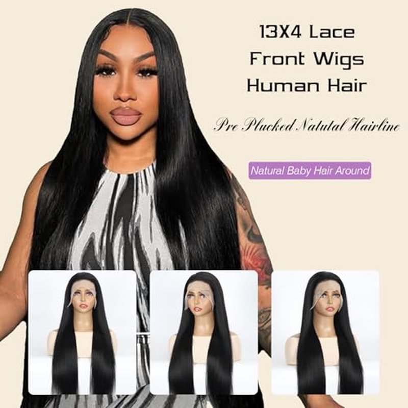 Beauty Queen 16A Straight Lace Front Wigs Human Hair Pre Plucked 13x4 Transparent HD Lace Frontal Straight Wigs Human Hair 220 Density Remy Thick Glueless Wigs for Women Natural Black 18 Inch