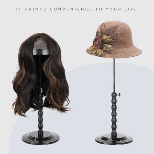 Wig Stand - Plastic Wig Stand 2 Packs Portable Foldable Wig Hat with Velvet Cover Holder Height Adjustable (12-18.8 Inches) Easy to Install Support Wig Display Stand (Black)