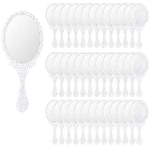 Suzile 60 Pcs Vintage Handheld Mirror Bulk Retro Hand Held Mirror Small Travel Portable Embossed Flower Decorative for Travel Birthday Princess Party Favors Goodie Bag Makeup Home Salon Plastic(White)