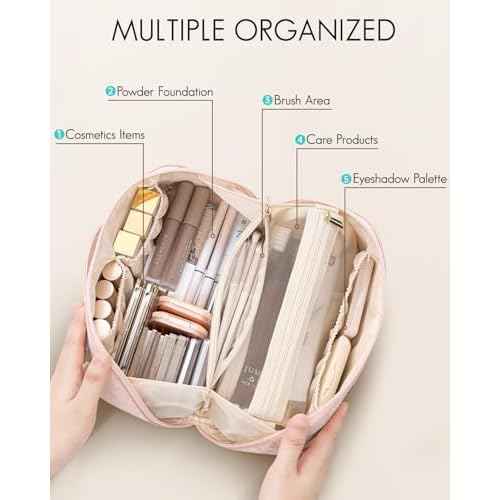 Vlando Makeup Bag,Large Capacity Toiletry Bag for Women Waterproof Portable Make up Pouch PU Leather Open Flat Cosmetic Bag(Sand Pink)