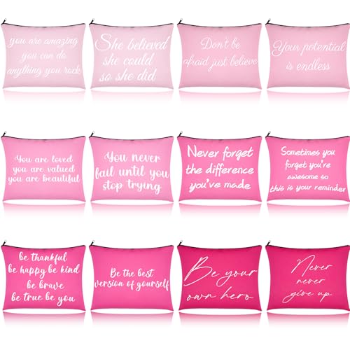 12 PCS Pink Inspirational Canvas Makeup Bags Bulk Makeup Bags for Women Inspirational Quotes Cosmetics Bags with Zipper Gift for Valentine's Day Christmas Graduation