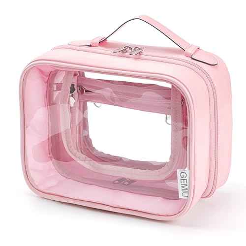 Clear Makeup Bag Toiletry Bag for Women 4 Compartments Travel Cosmetic Case Large Capacity Waterproof Skincare Pouch Organizers with Zippe Deep Pink