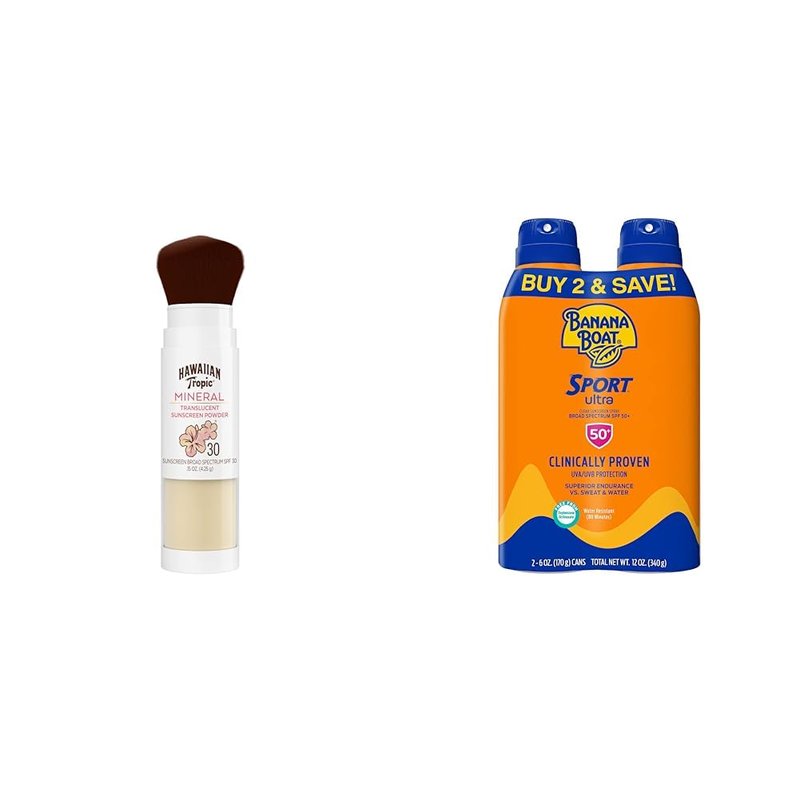 Hawaiian Tropic Mineral Powder Sunscreen Brush SPF 30 & Banana Boat Sport Ultra Water Resistant Sunscreen Spray SPF 50 Twin Pack