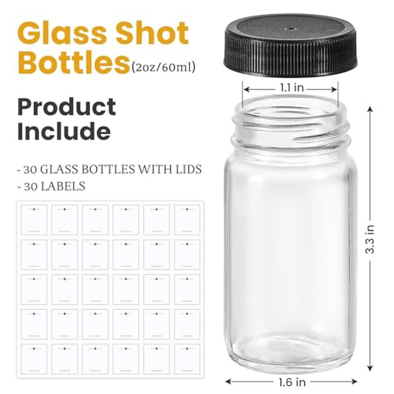 30 Pack 2 oz Glass Shot Bottles w/ Black Lids & 30 Labels - Small Clear Jar for Ginger, Wellness Shot, Juice, Sample, Whiskey - Travel Essentials Mini Bottles - Wide Mouth, Leakproof, Dishwasher Safe