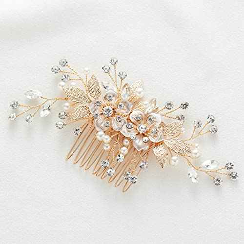 SWEETV Flower Bride Wedding Hair Comb Pearl Bridal Crystal Leaf Gold Headpiece Rhinestones Handmade Jewelry for Women and Girls