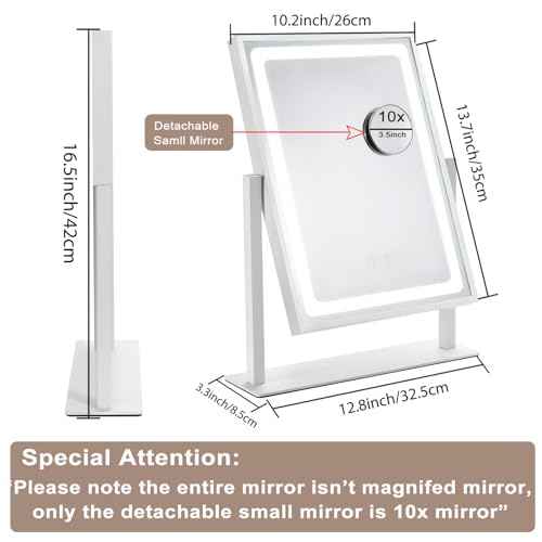 Vanity Mirror with Lights, Hollywood Makeup Mirror, Touch Control, 3 Color Lighting Modes, Dimmable, Detachable 10X Magnification Mirror, 360 Rotation (16in, White)