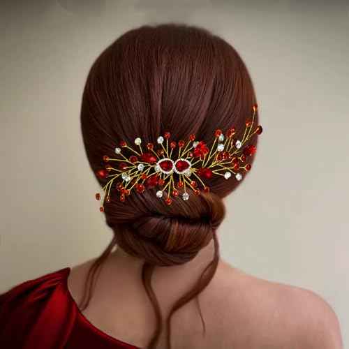 Crystal Bride Wedding Hair Comb Pearl Bridal Hair Clip Rhinestone Party Prom Hair Piece for Women and Girls (Red-847)