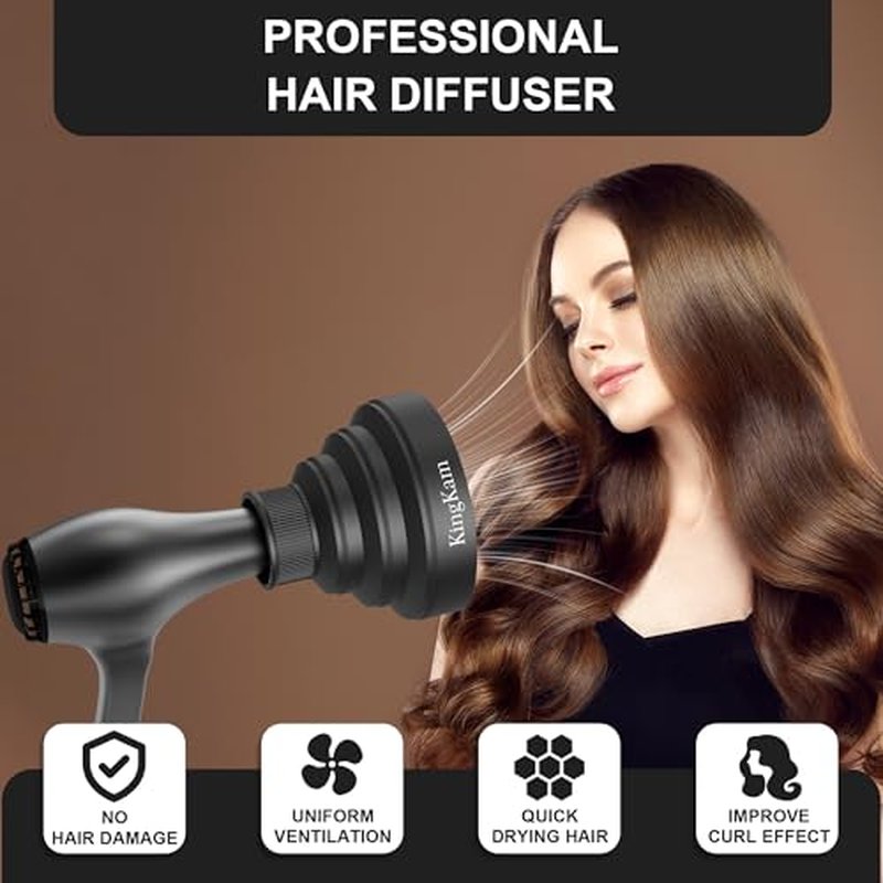 KingKam Collapsible Hair Dryer Diffuser - Travel and Easy Storage - Diffuser Attachment Fit Most Hair Dryers with Nozzle Diameter D-1.575Inch to 1.968 Inch (4-5cm) - Black
