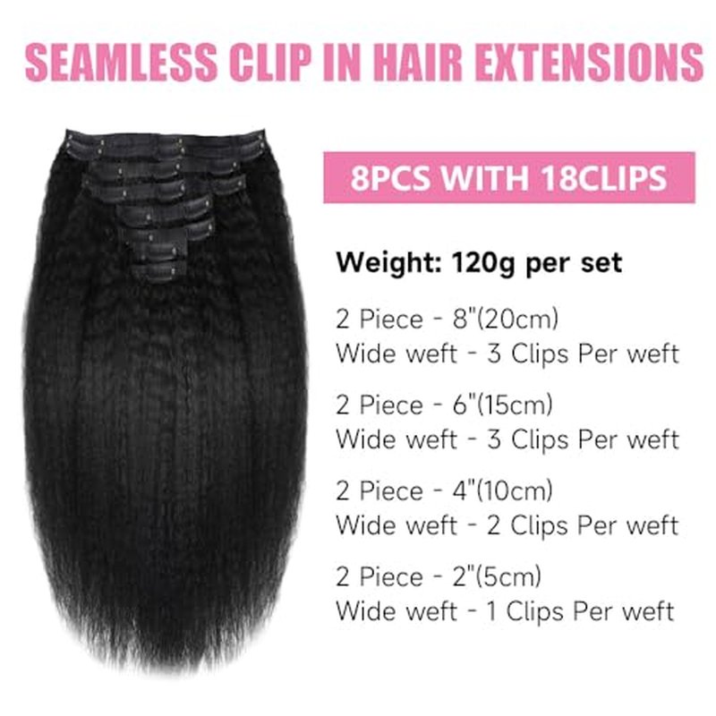 Seamless Clip In Hair Extensions Human Hair Kinky Straight 22inch 120g 8pcs Seamless Clip Ins For Black Women Real Human Hair Extensions Full Head kinky clip ins Invisible Pu Skin Weft Natural Black