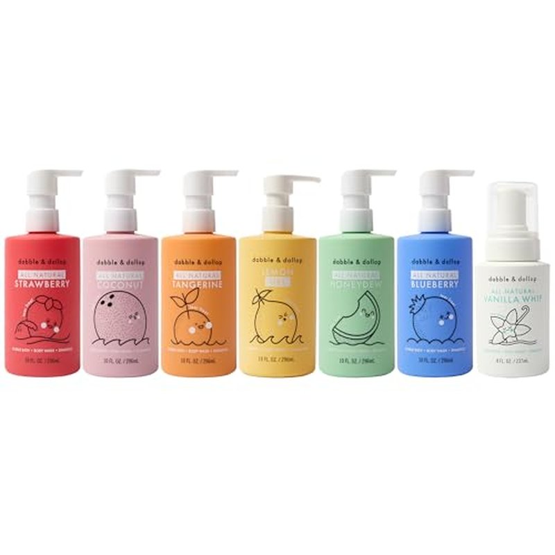 Dabble & Dollop Rainbow of Bubbles ? Natural 4-in-1 Bath Set for Kids, Includes Bubble Bath, Body Wash, Shampoo, No Parabens/Sulfates, Vegan, Gluten-Free, Tear-Free (7-Pack)