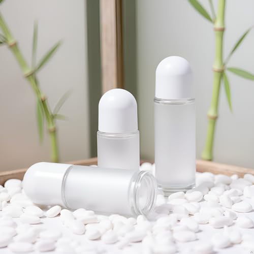 2 Pcs 50ML Glass Empty Roller Bottles with Plastic Roller Ball, Roll On Bottles Containers Leak Proof Massage Roller Ball with White Cap for Essential Oil Refillable Containers