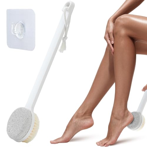 Foot Pumice Stone for Feet, 2 in 1 Foot Pumice Scrubber for Wet or Dry Brushing, Dead Skin Remover, Long Handle Foot Cleaning Brush for Senior, Pregnant, Disabled, or Injured, Box Packed(White)